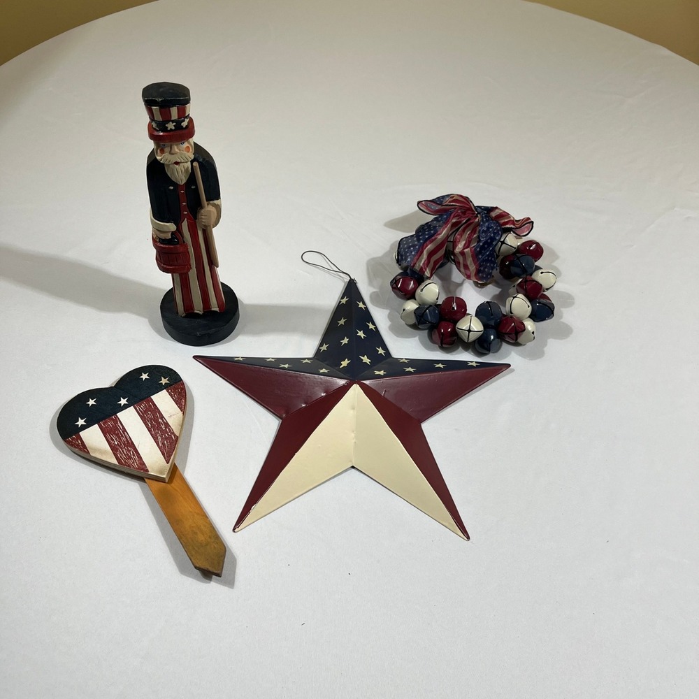 Americana Decor Set Red White Blue Patriotic Folk Art 4pc 4th of July